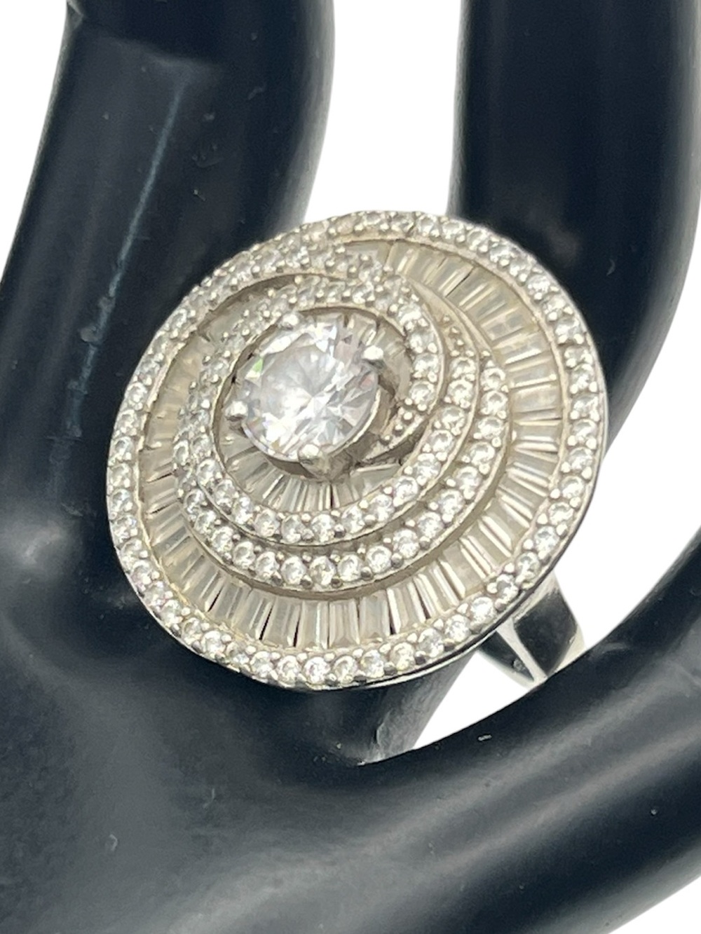 Sterling silver spiral CZ round cocktail ring size 6.5 vintage baguettes